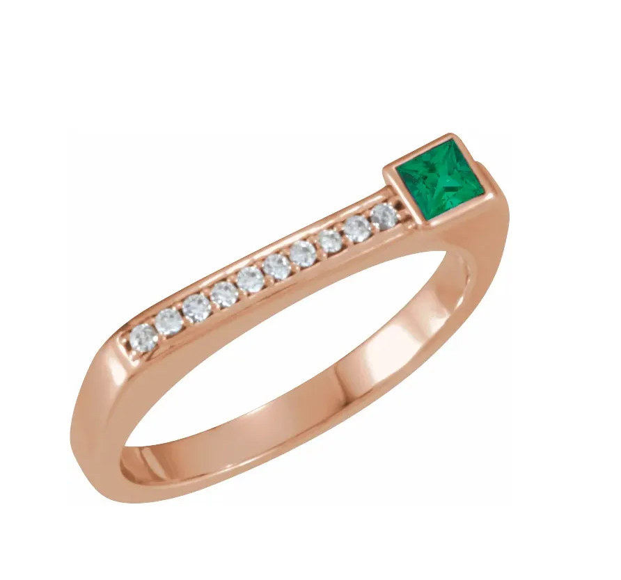 14K White Gold Natural Emerald and Diamond Stackable Ring