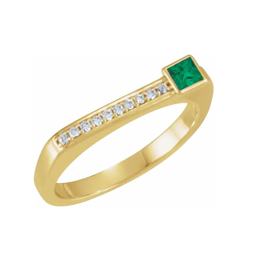 14K White Gold Natural Emerald and Diamond Stackable Ring