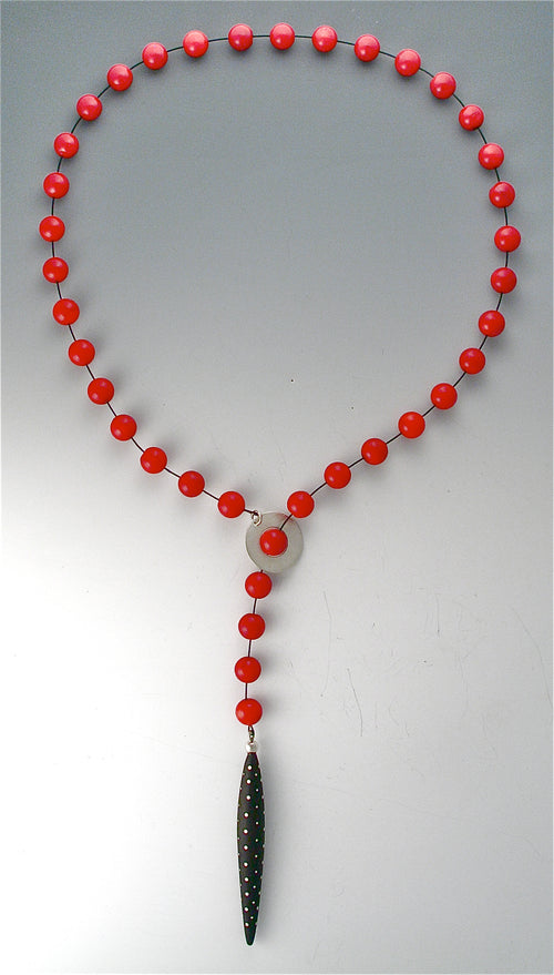 Red Coral Lariat Necklace with Ebony wood and silver inlay