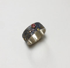Pink Tourmaline in 18k Gold Bezel Set on Reticulated Silver with Gold Accents