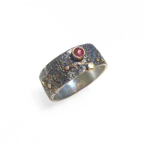 Pink Tourmaline in 18k Gold Bezel Set on Reticulated Silver with Gold Accents