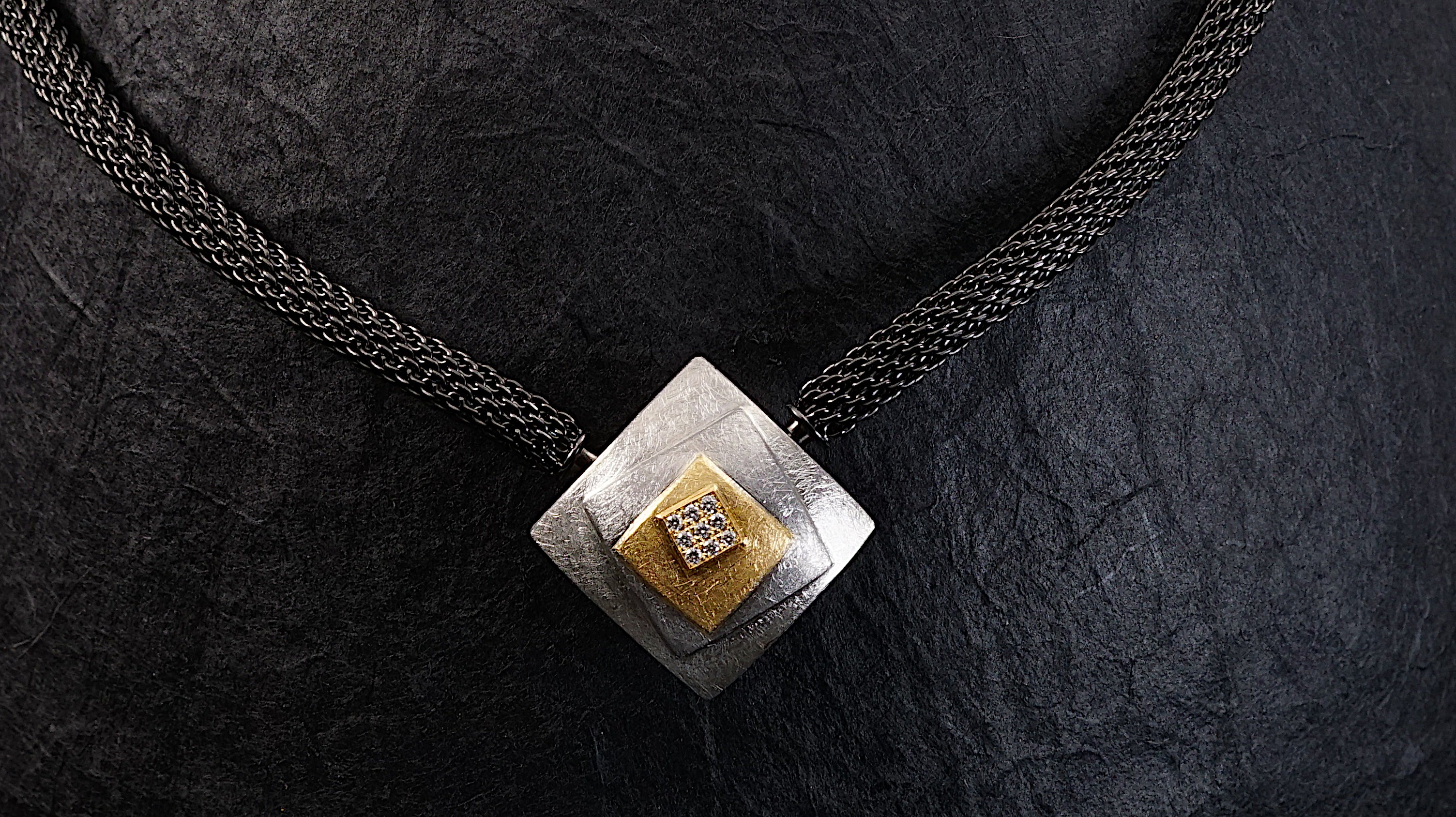 Diamond Square Pendant with Triangular Steel Connector on 18 Gold Mesh  Chain