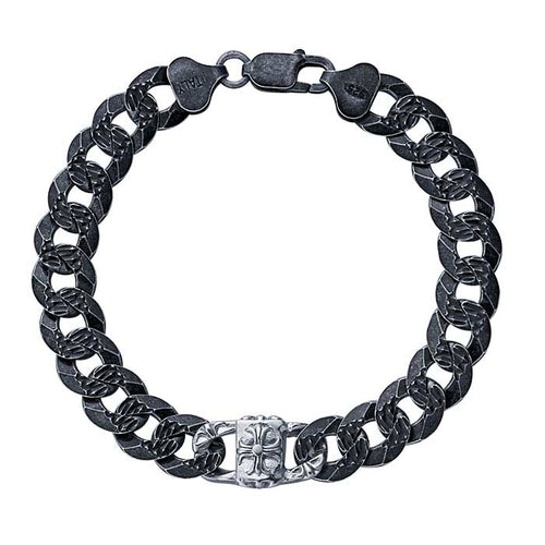 Oxidized Sterling Silver Textured 10.8mm Curb Cain Bracelet with Medallion