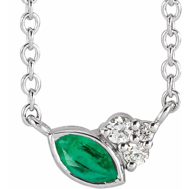 14K Gold Marquise Shape Emerald &  Diamond 16" Necklace