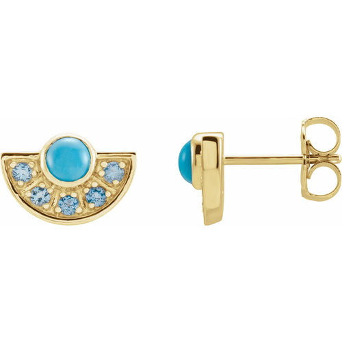 14K Gold Natural Turquoise and Aquamarine Fan Earrings