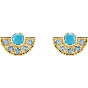 14K Gold Natural Turquoise and Aquamarine Fan Earrings