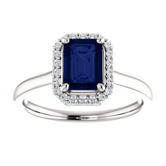 18K White Gold Emerald Shape Sapphire with Diamond Halo Engagement Ring
