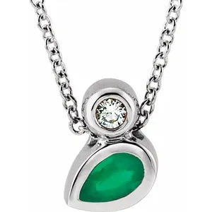 Sterling Silver Pear Emerald Diamond Necklace