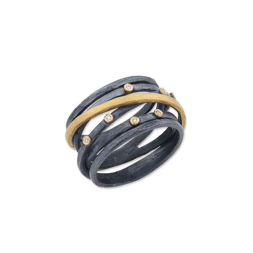 Stockholm Crosswire Oxidized Silver Ring with 7 Diamonds in 24k Gold Bezels