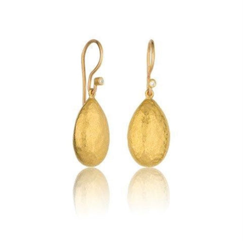 24k Gold "Amanda" Medium Size Almond Drop Earrings, 22k Diamond Ear Wires