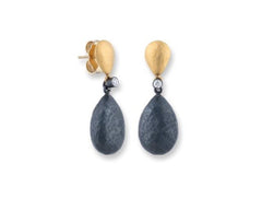 24k Gold and oxidized Silver "Amanda" Medium Size Diamond Drop Earrings With Diamonds and 24k Button Tops