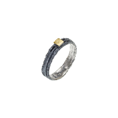 Apostolos 5.5 mm Textured Oxidized Silver Ring with Diamond and 18K Gold