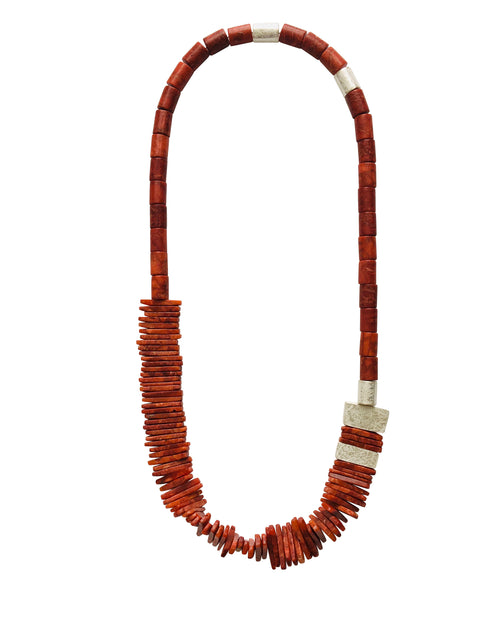 Sponge Coral Necklace with Five hollow Formed Silver Beads, 32" long