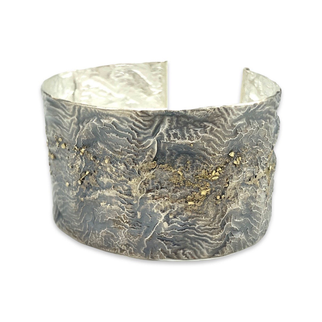 Gold Encrusted Erosion Cuff of Oxidized Reticulated Silver