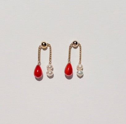 Red Coral Earrings with Two Freshwater White Pearls