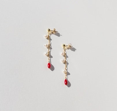 Red Coral Dangle Earrings with Three Freshwater White Pearls