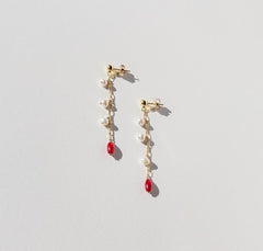 Red Coral Dangle Earrings with Three Freshwater White Pearls