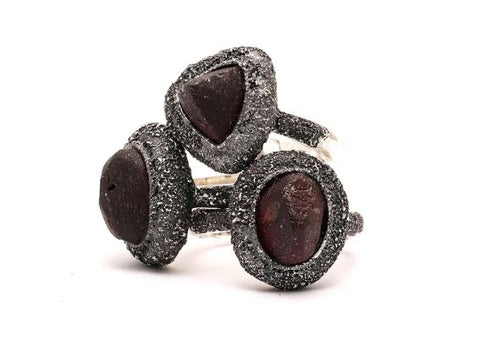 Reticulated Silver Ring with 18k gold powder fused and 3mm round Garnet set in 18k gold bezel