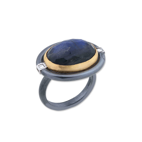 Stockholm Crosswire Oxidized Silver Ring with 7 Diamonds in 24k Gold Bezels