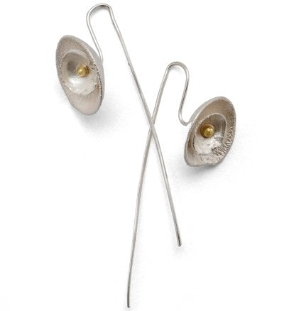Double Daisy Earrings with Long Wire in sterling silver and 18kt gold