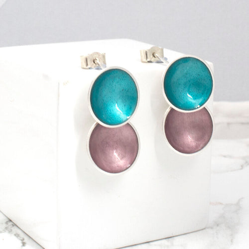 Halo Silver and Colorful Medium Enamel Double Drop Earrings