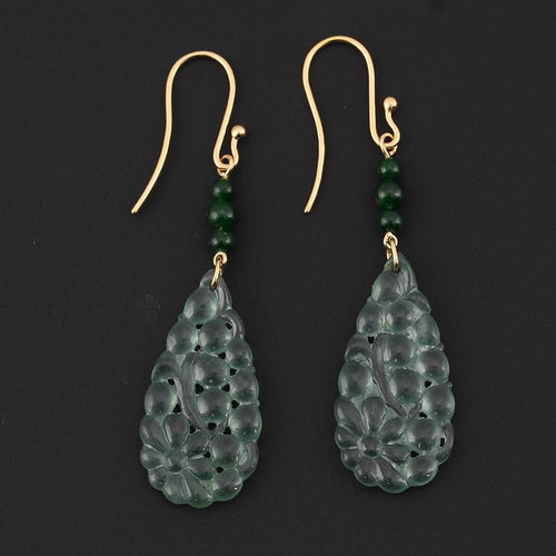 14k Yellow Gold Green Jadeite Jade Carved Drop Earrings