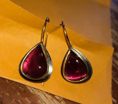 Brazilian Rubellite Drop Cabochon Earrings Set in 18k Gold