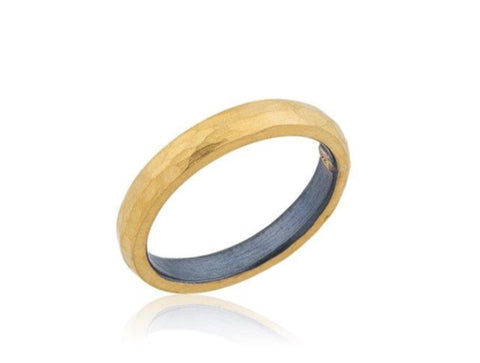 18K Yellow Gold PVD 4mm Hammered Textured Center Grooved Black PVD Tungsten Band