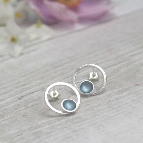 Halo Medium Enamel Studs with Textured Silver Drop Detail