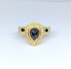 14k Gold Negative Space Black Diamond Ring Bezel Set with Pave Set Diamond Accent