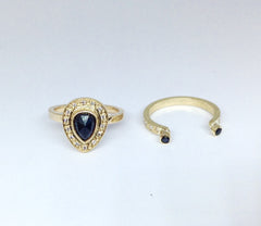 14k Gold Negative Space Black Diamond Ring Bezel Set with Pave Set Diamond Accent