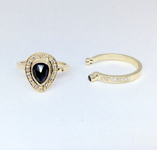 14k Gold Negative Space Black Diamond Ring Bezel Set with Pave Set Diamond Accent