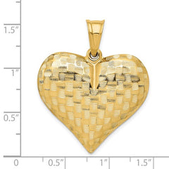 14K Polished Basket Weave Pattern 3-D Heart Pendant 1.5"