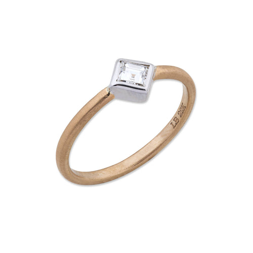 22K Rose Gold Peach Glow "Love" Stacking Ring With Square Emerald Cut Diamond Set in 18K White Gold Bezel