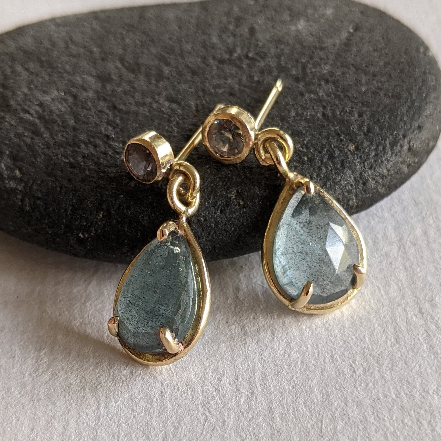 Moss Aquamarine Pear Shape with Grey Spinel in 18kt Gold Earrings