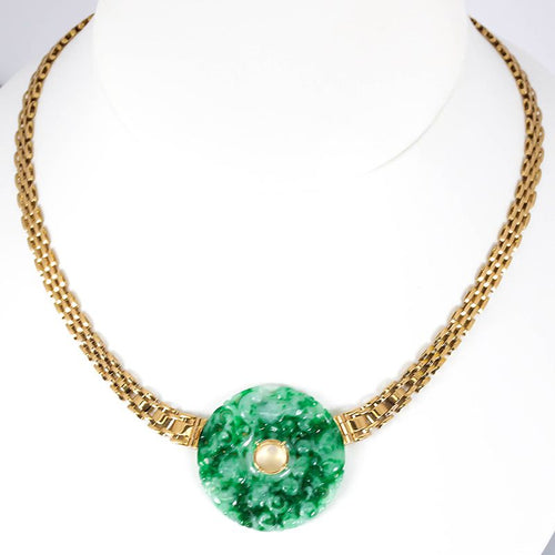 14k Yellow Gold Green Jadeite Jade Carved Disc Necklace