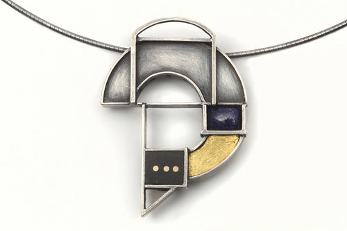 Geometric Shape 'Altair' Necklace in Silver and Gold with Lapiz and Ebony