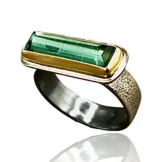 Bi-Colored Aqua Green Cabochon Pear Shape Tourmaline Ring