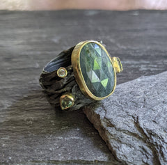 Oxidised Wrap Ring with Tourmaline, Australian Parti Sapphire and Diamond