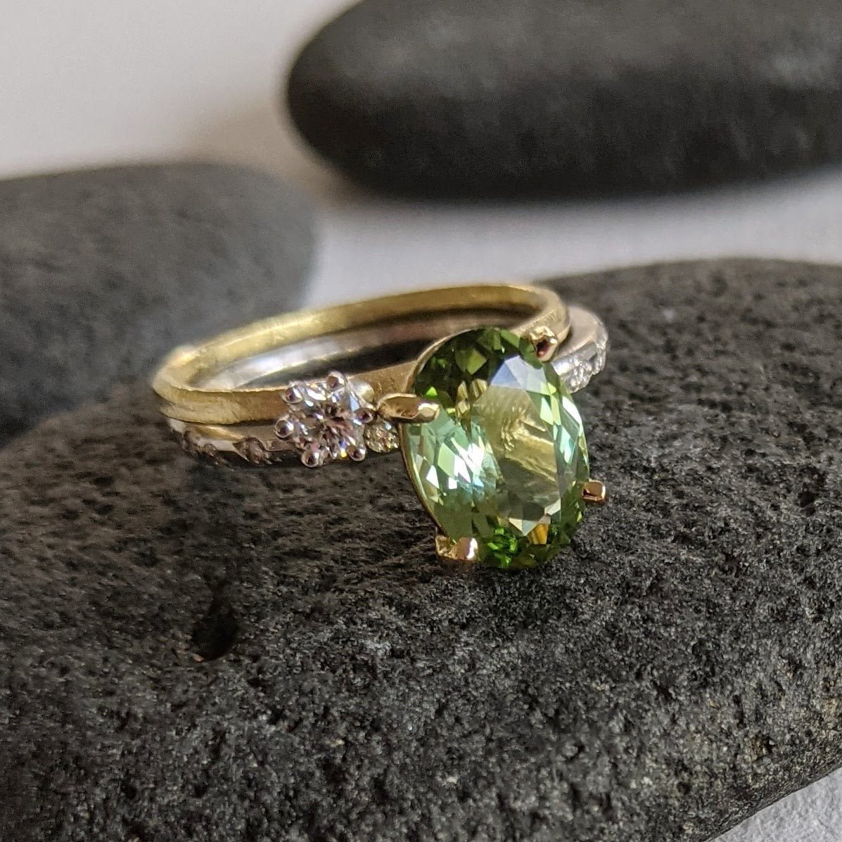 Green Tourmaline and Diamond Solitaire Ring Set
