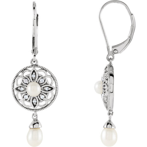 Sterling Silver Freshwater Cultured Pearl & .08 CTW Diamond Earrings