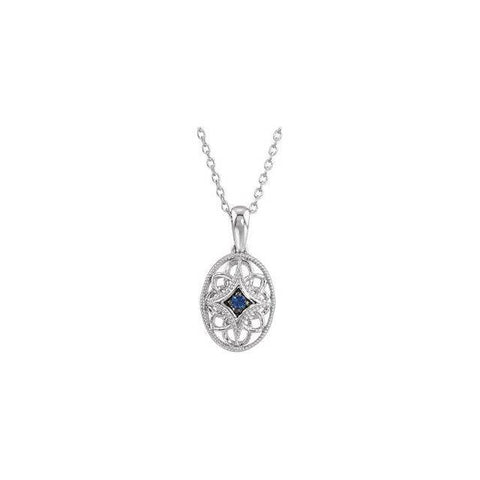 Vintage Inspired Sterling Silver Blue Sapphire & .03 CTW Diamond 18" Necklace