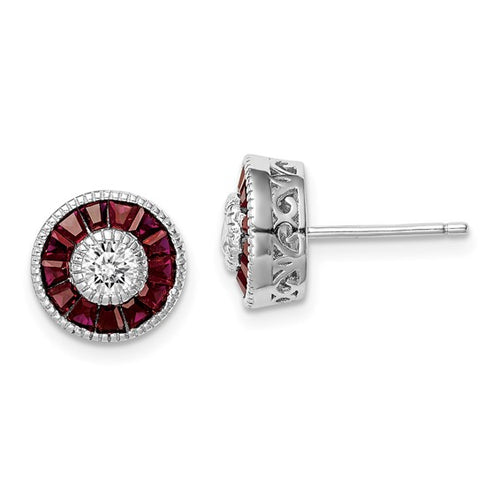 Sterling Silver Rhodium-plated CZ and Created Ruby Halo Post Earrings