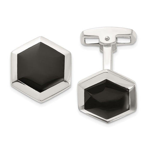 Sterling Silver Polished Onyx Hexagon Cuff Links
