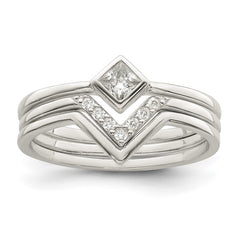 Sterling Silver Polished Square CZ 3 Stacking Ring Set