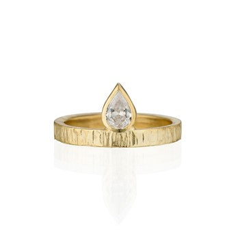 Pear Shape Rose Cut Diamond Ring with Hammered Bark Texture