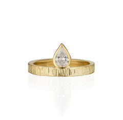 Pear Shape Rose Cut Diamond Ring with Hammered Bark Texture