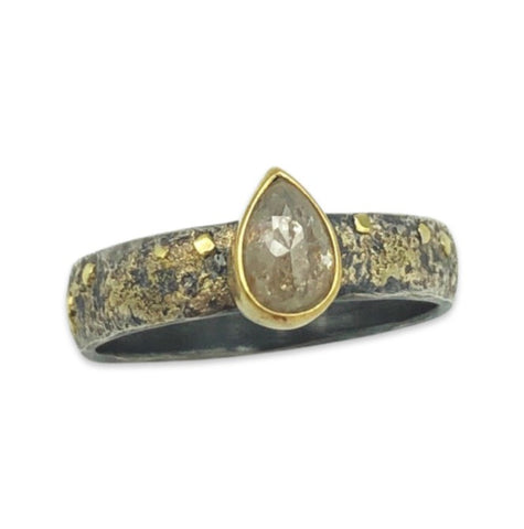 Rose Cut Salt and Pepper Diamond .34Ct Set Ring in 18k Yellow Gold