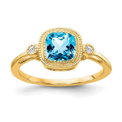 14k Gold Cushion Cut Swiss Blue Topaz and Diamond Ring