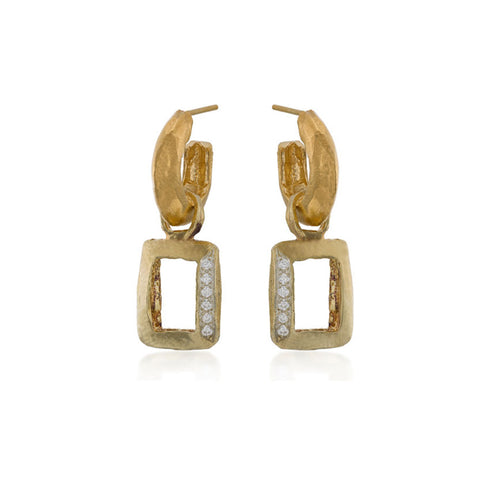 Hoop Earrings with Diamonds Pave Set Square Pendant